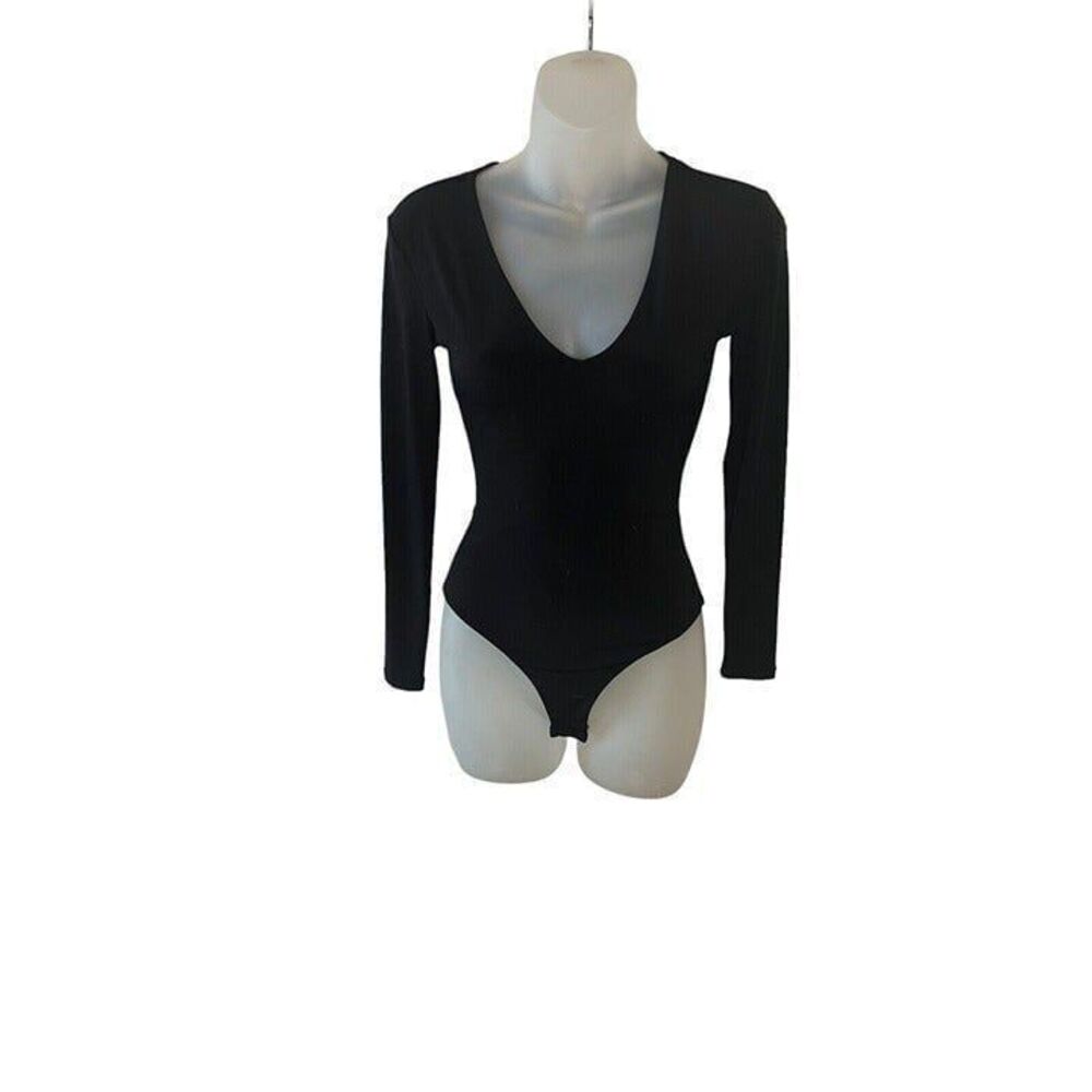 Leith Long Sleeve V-Neck‎ Everyday Bodysuit Size XS Black Sexy Nordstrom